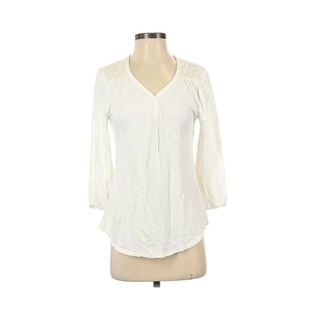 Chico's Ivory Embroidered V Neck Long Sleeve Top